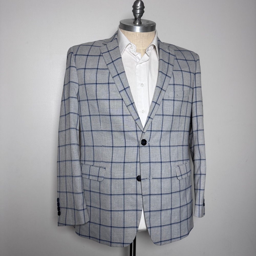 Crown & Ivy Blazer Mens 46R Gray Blue Windowpane Linen Blend 2-Button Sport Coat
